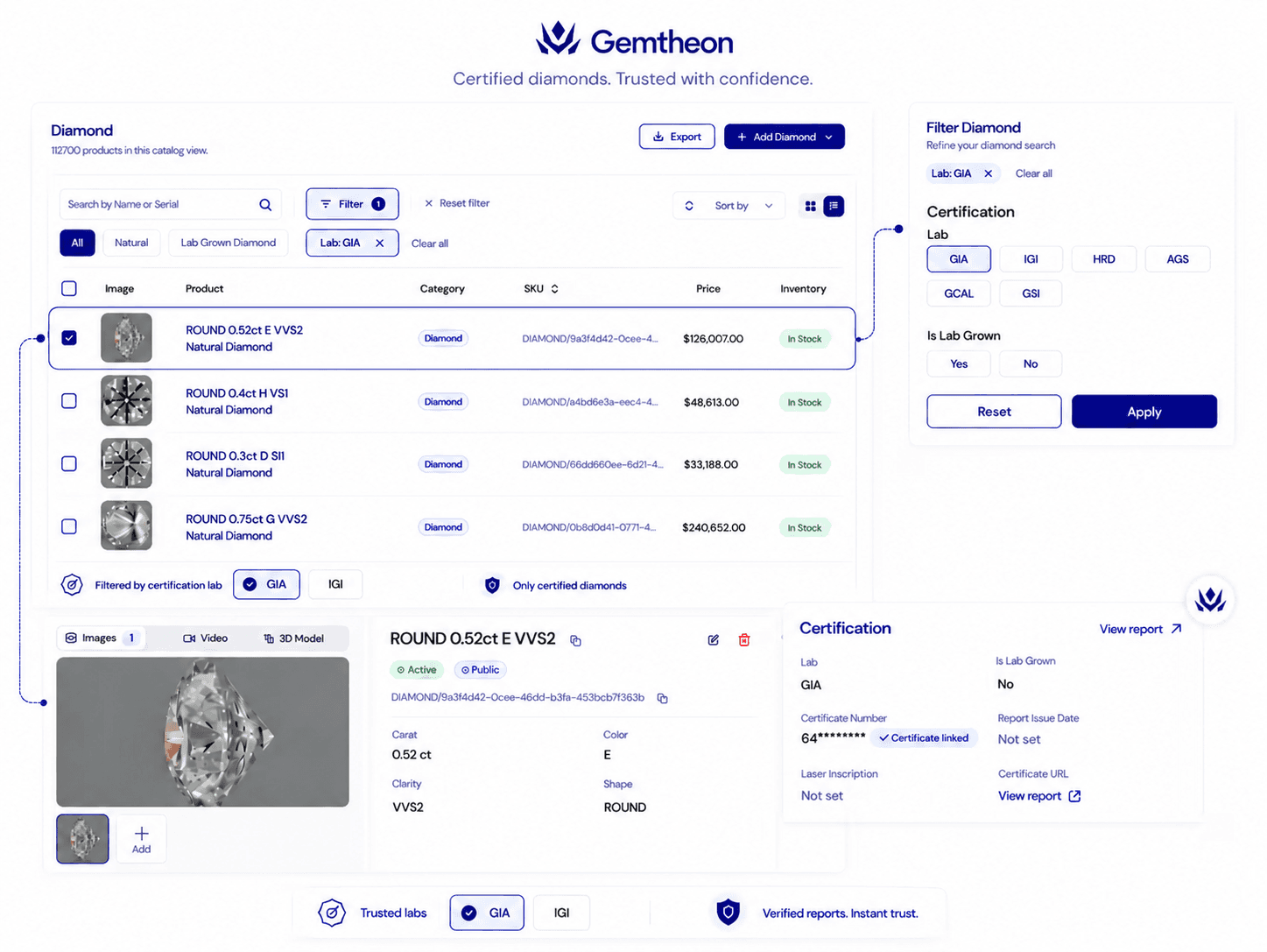 Diamond certificate detail lookup verification