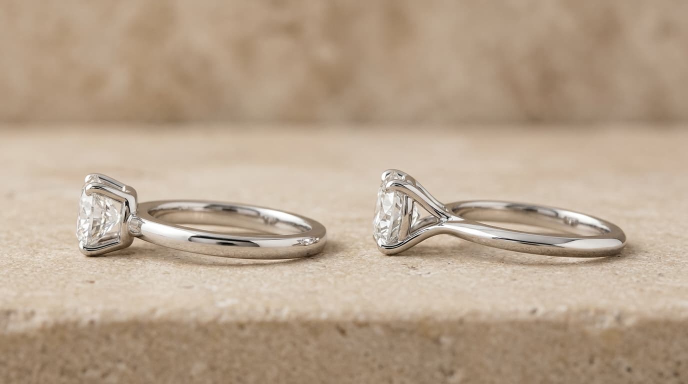 Studio side-by-side profile comparison of a low-profile basket setting and an elevated cathedral engagement ring
