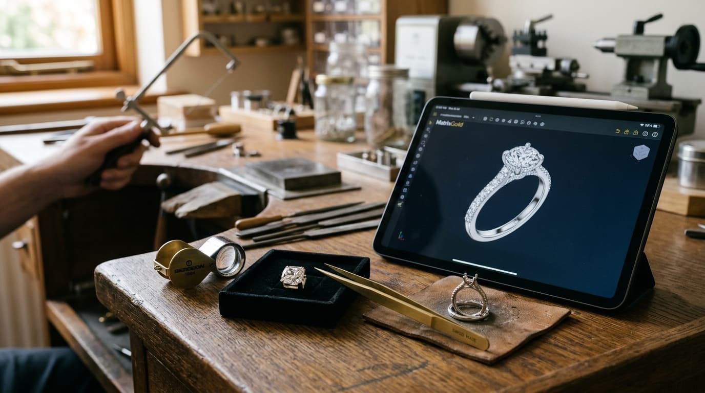 Jeweler workbench with a tablet displaying a 3D ring design alongside tweezers, loupe, and crafted ring mount
