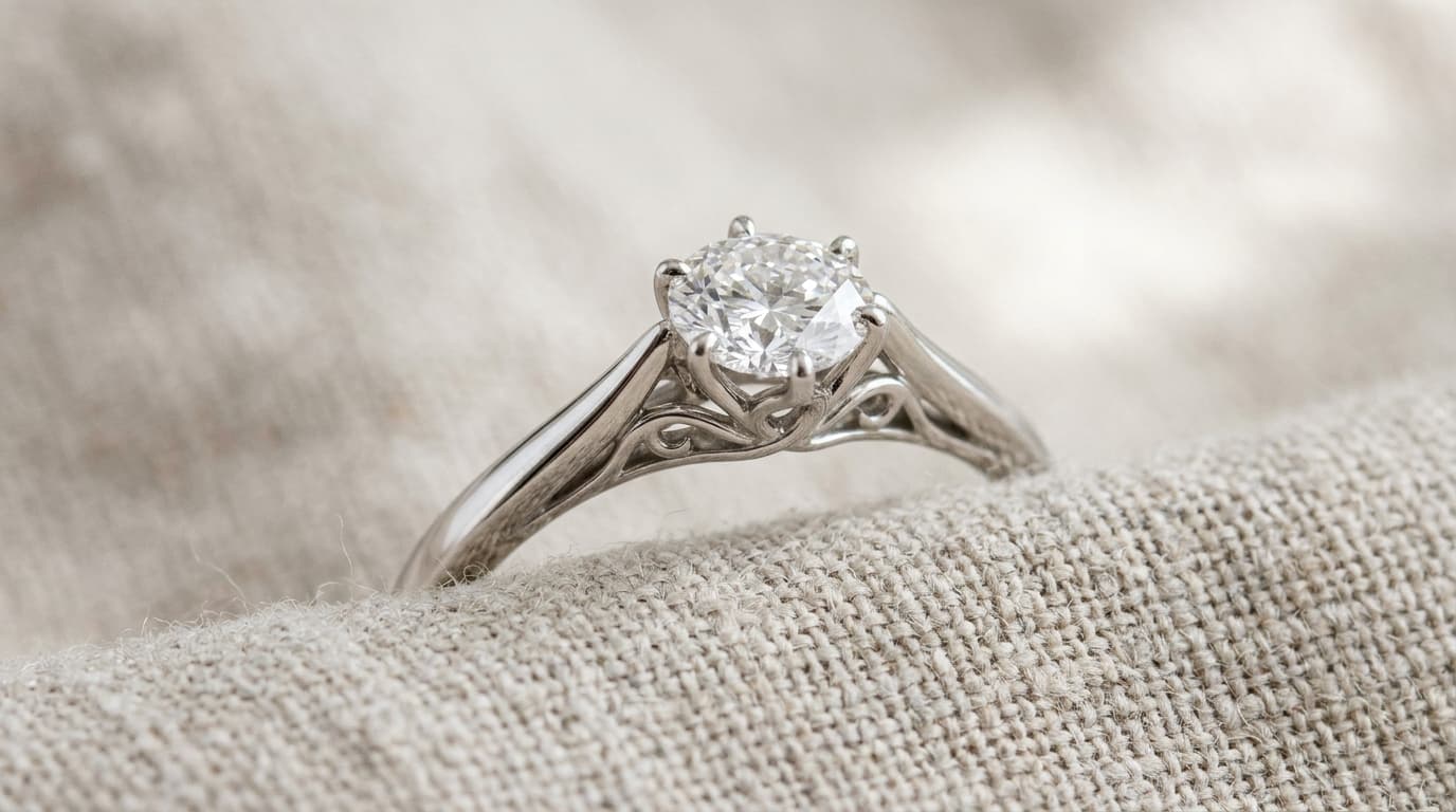 Close-up macro of a diamond engagement ring showcasing subtle band curves, tapered shoulders, and prong craft
