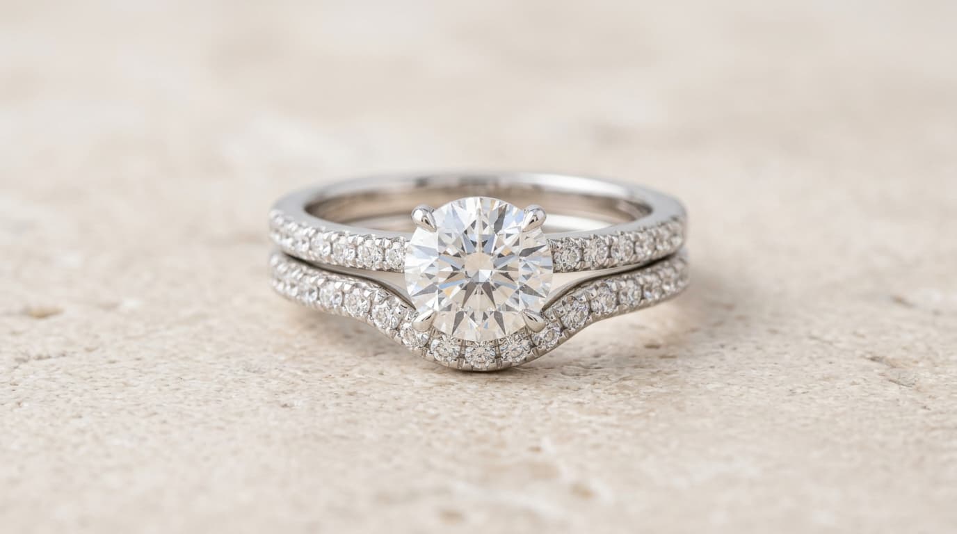 Diamond engagement ring stacked gracefully with a matching contoured wedding band on textured stone