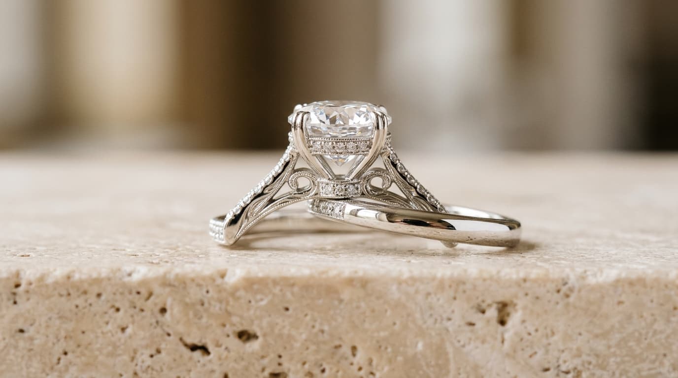 Macro side profile view of a diamond engagement ring showcasing intricate basket architecture, prongs, and gallery